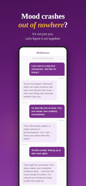 Wellphases chat screen — understanding mood swings and irritability in menopause